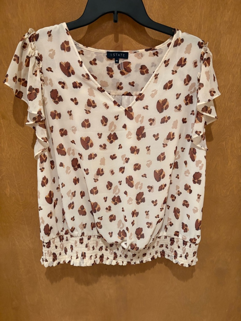 1. State Cream Leopard Print Flutter Sleeve V-Neck Blouse